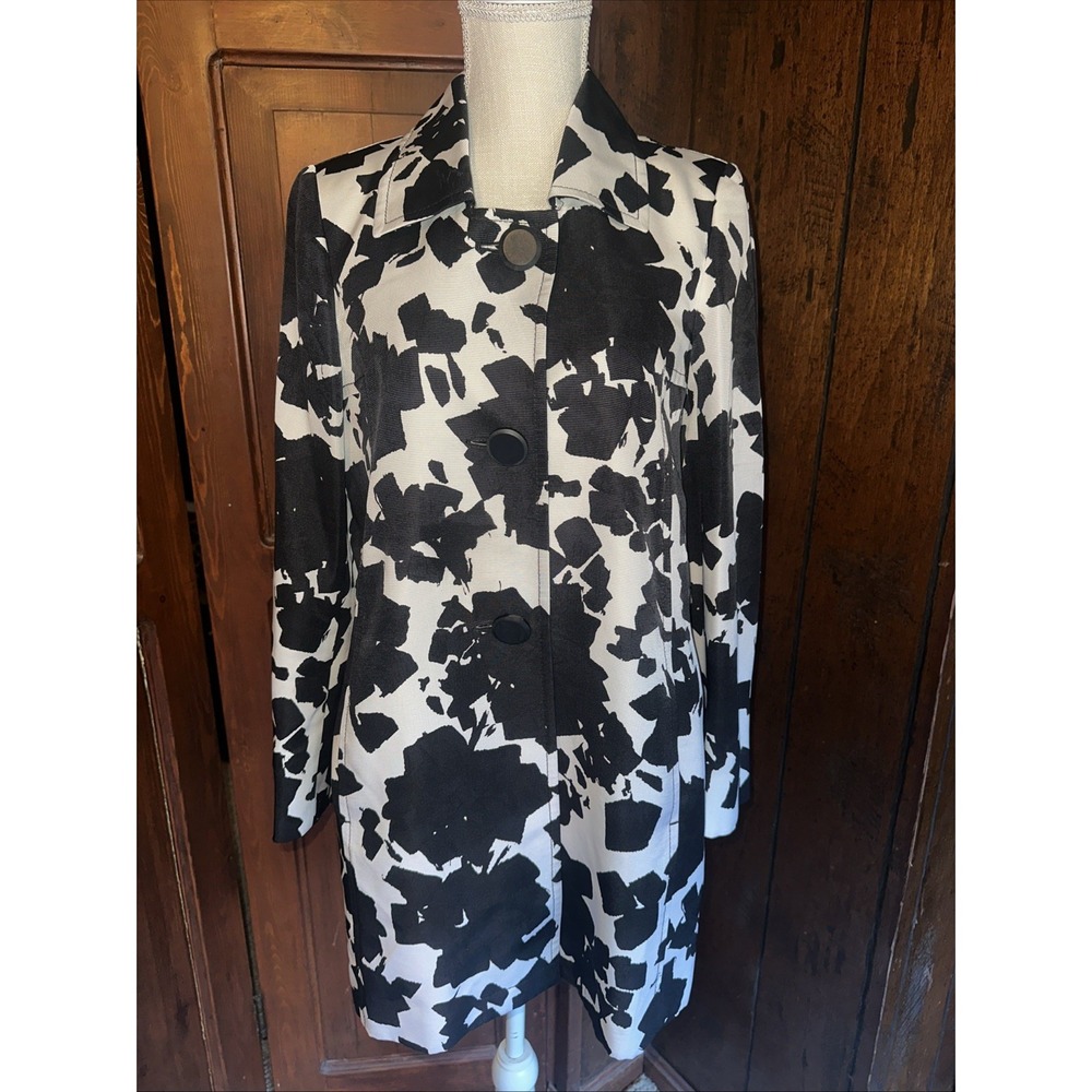 Womens Anne Klein Long Coat- Size Small- Geometric , Pockets Silk EUC‎